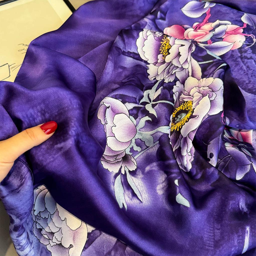 Luxury  Women Summer Silk Scarves Purple Flowers Print Shawls Wraps Soft Female Beach Bandanna Foulard Muffler Scarf