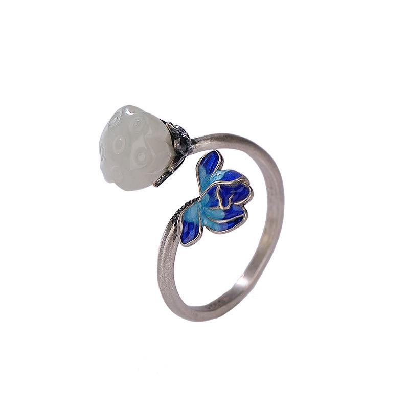 Women's Retro Silver Cloisonné Enamel Open Ring with Blue-Fired Lotus