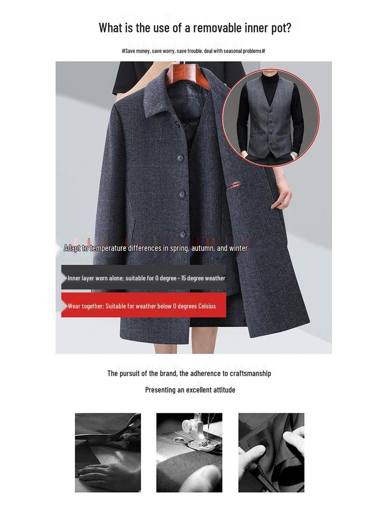 Men's Double-Faced Wool Blend Mid-Length Coat - Business Casual Down Jacket for Middle-Aged Dads