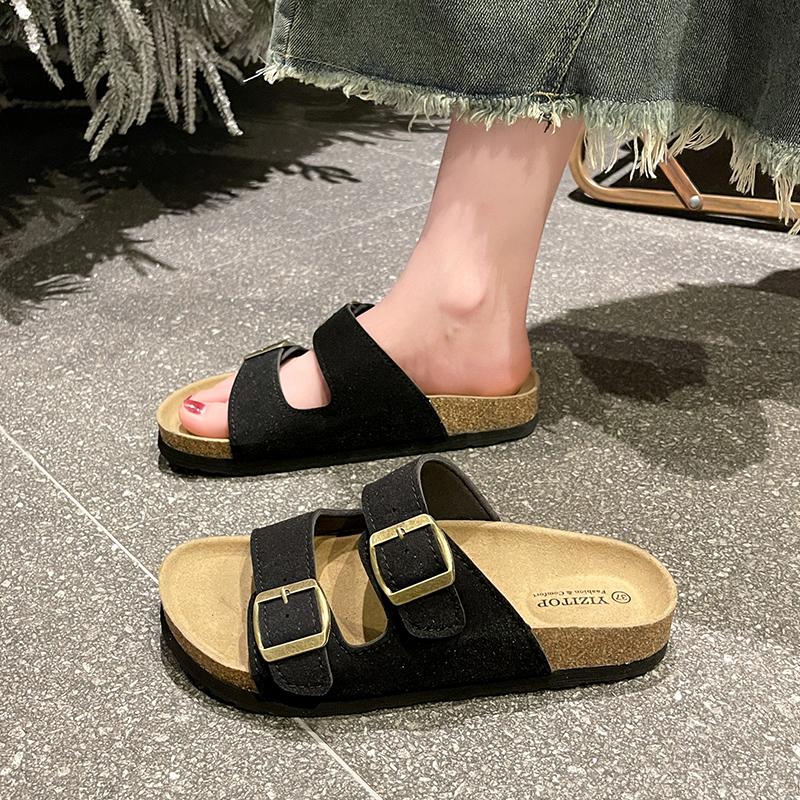 Fashion Slippers For Women Cork Footbed Beach Sandals Outdoor Suede Clogs Sandals With Adjustable Buckle Men Sandals