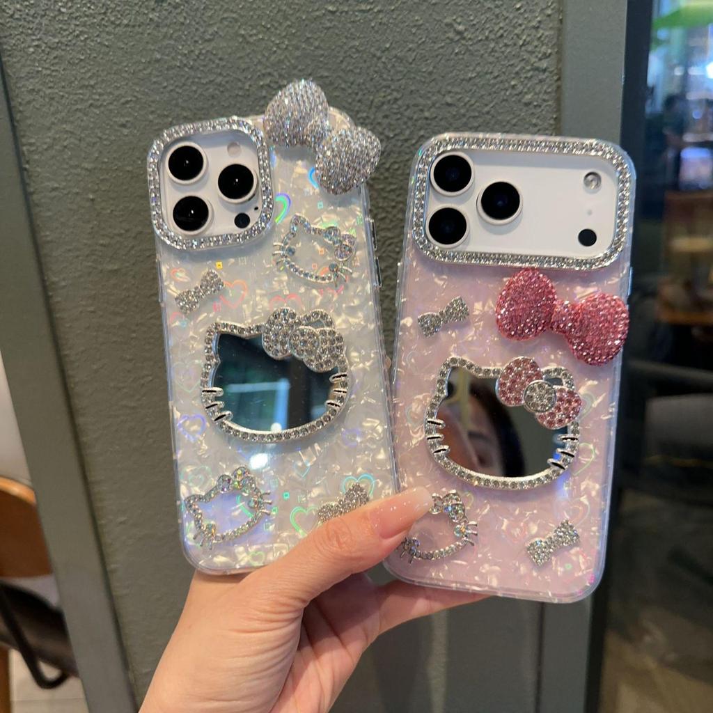 Heart-Shaped Shell Pattern Cat Mirror Phone Case for iPhone 15/14 Pro Max