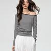 Women Cotton Striped Long Sleeve One Shoulder Slim Fit Casual T Shirt Top