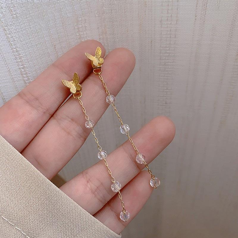 Crystal Butterfly Tassel Earrings for Women Imitation Pearl Long Hang Earrings Acrylic Beads Drop Boho Fairy Ear Jewelry Gifts