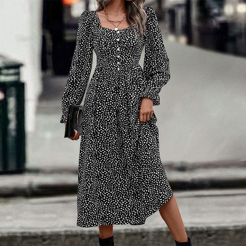 Summer Print Dress Women A-line Casual Butterfly Sleeve Cotton Full Sleeve Turn-down Collar Mid-Calf