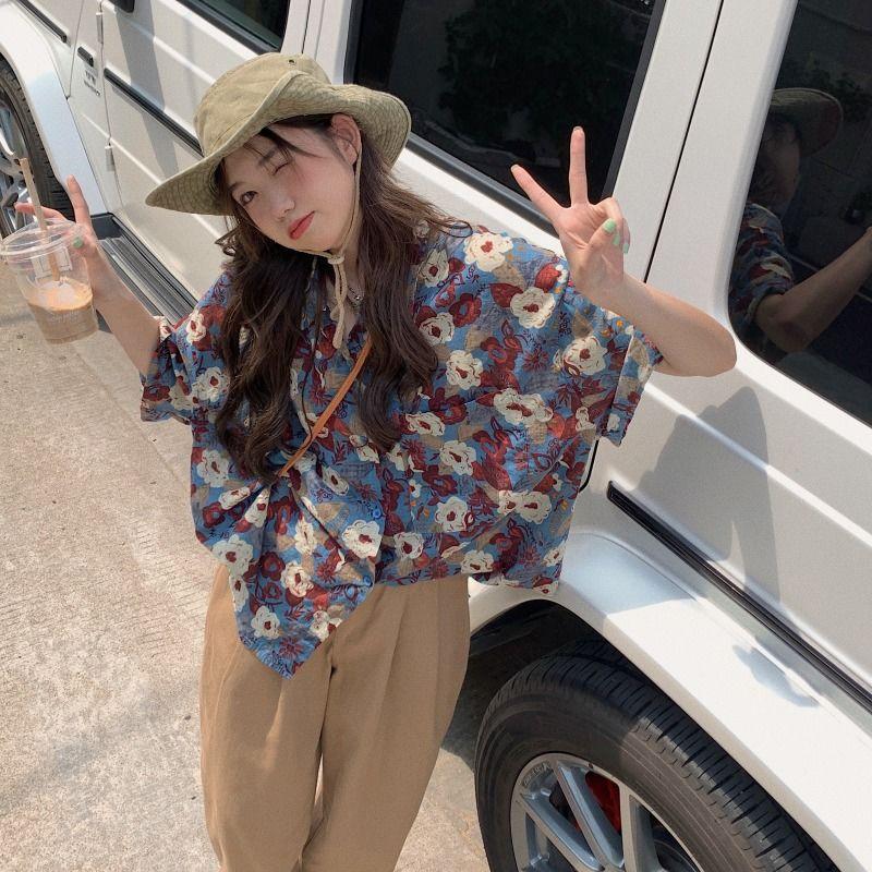 Ladies Summer Floral Short Sleeve Shirt Loose Beach Shirt