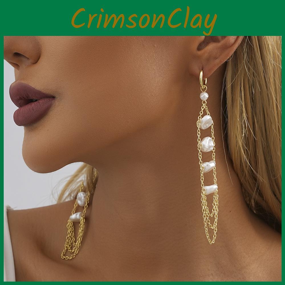 Geometric White Chic Pearl Earrings With Chain Tassels For Women 2023