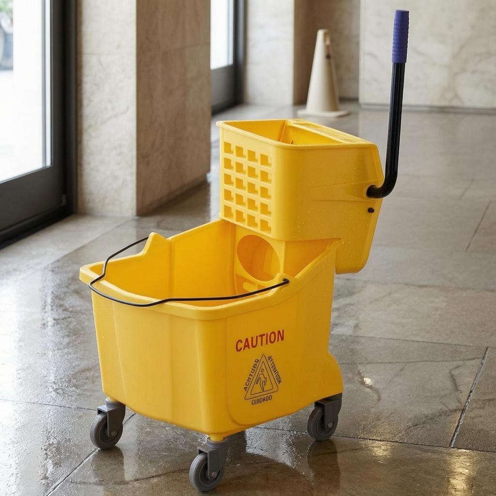 Mop Wringer Pail Cart Metal Handle Floor Warning Graphic