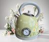 Flower-painted electric kettle with vintage-style instrument thermometer, 1.8L SUS LED 1850W, featuring automatic shutdown and dry-cooking protection.