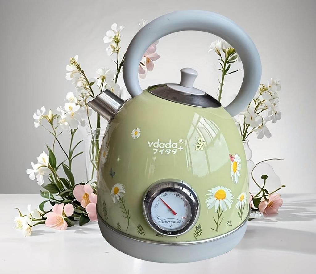 Flower-painted electric kettle with vintage-style instrument thermometer, 1.8L SUS LED 1850W, featuring automatic shutdown and dry-cooking protection.