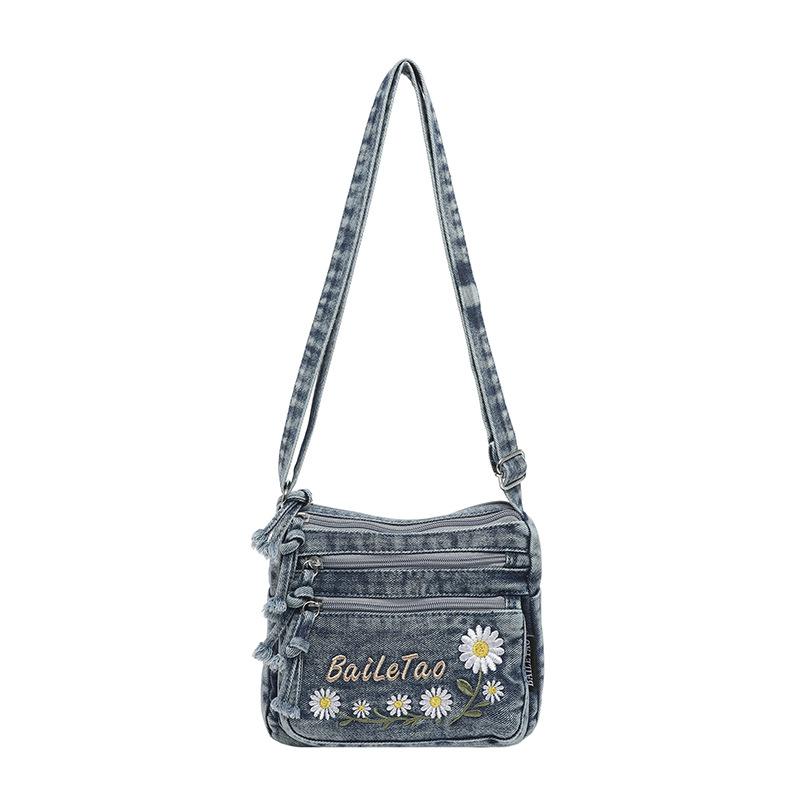

Denim Crossbody Bag Women s Cartoon Kitten Embroidered Multi-Compartment Bag Commuter Shoulder Bag джинсовий синього кольору