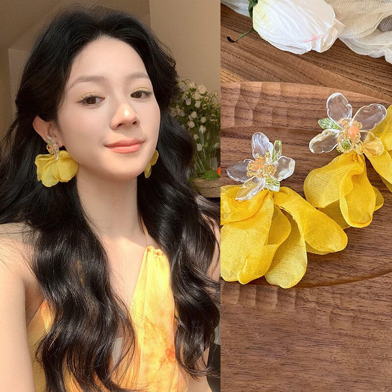 Cercei Vintage cu Ciucuri Lungi cu Flori Pentru Femei, Dulci, din Șifon, cu Temperament, Cercei Atârnători, Bijuterii pentru Petrecere, Nuntă, Plajă