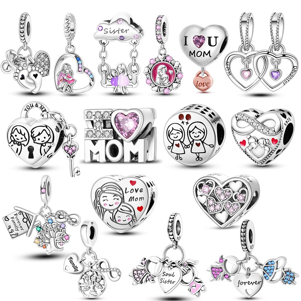 Copper Charms Love Mother Family Sister Heart Beads Fit Original Bracelet Necklace Diy Woman Jewelry Gift For Friend