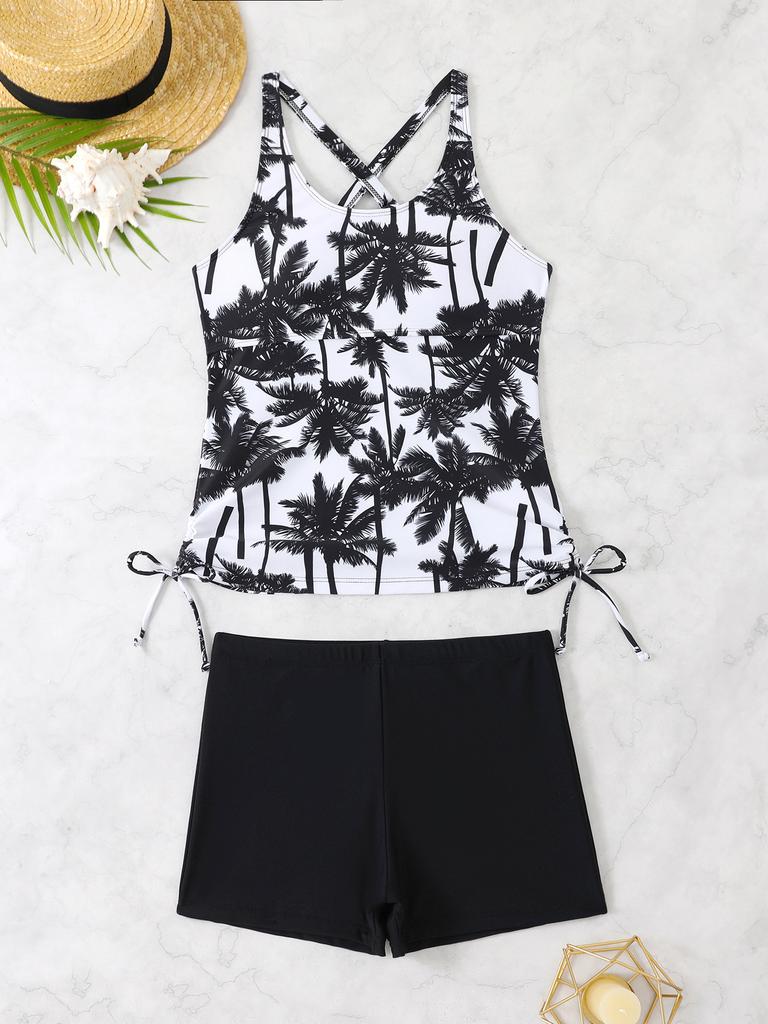 1011 new coconut print drawstring straps conservative bikini split high waist boxers tankini swimsuit
