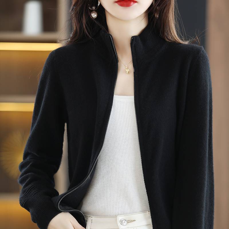 

Женский осенне-зимний вязаный свитер кардиганы толстый тонкий воротник стойка молния кардиган куртка женский повседневный трикотаж топ XXL чёрный