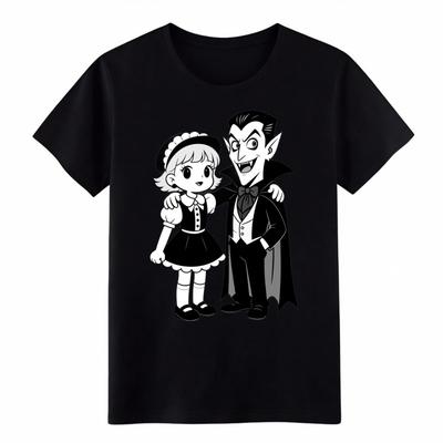 Vintage Cartoon Dracula & Mädchen T-Shirt, Retro Gruseliges Grafik-T-Shirt