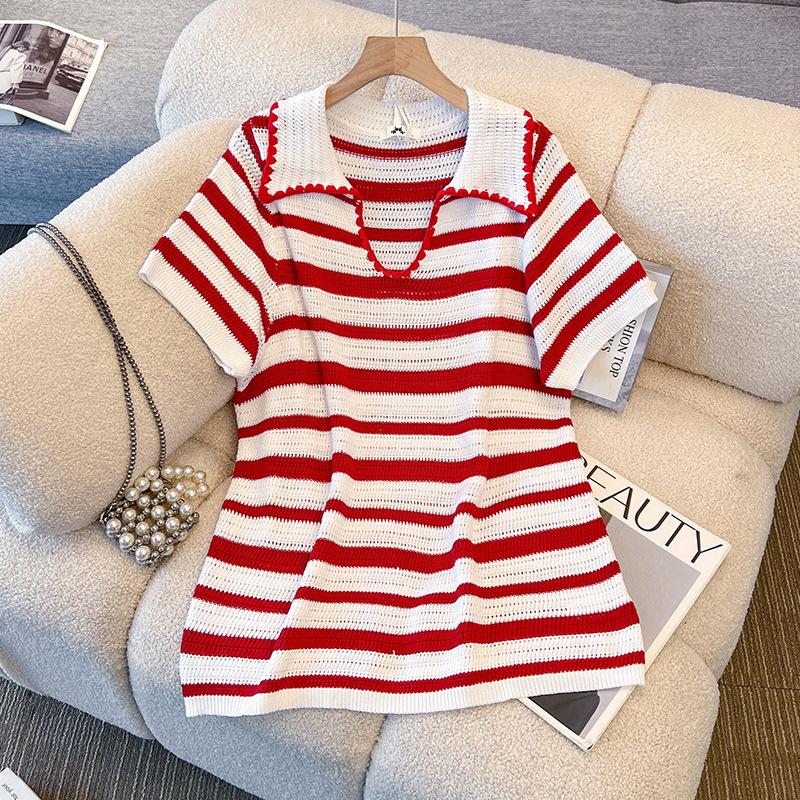 Plus-size Women's Striped V-neck Knitted Short-sleeved T-shirt for Summer Polo-style Top That Goes Well with Any Outfit