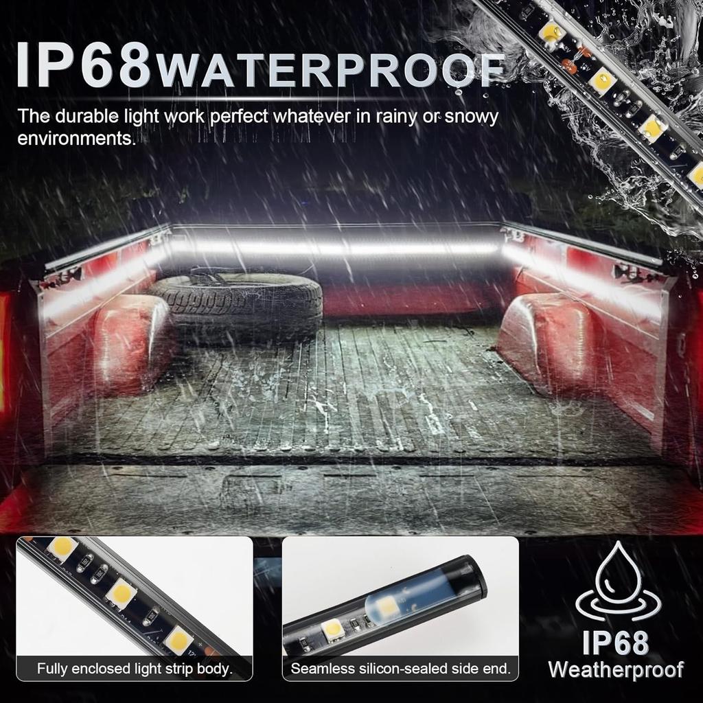 LivTee Truck Bed Lights, 3PCS 60 Inch 12V LED Light Strip with On-Off Switch Blade Fuse, 2-Way Splitter, Pickup Truck Accessories for Men - IP68