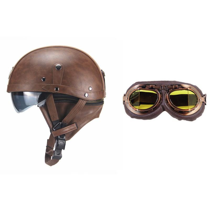 Retro Open Face Motorcycle Helmet Leather Cruiser Scooter Adult