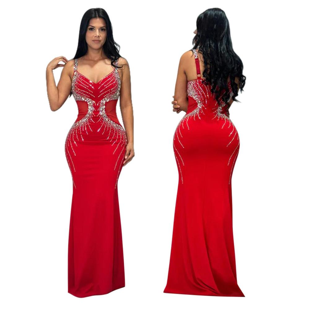 CY901111 European and American new models, sexy suspender V-neck long dress, slim-fitting hot diamond hip dress