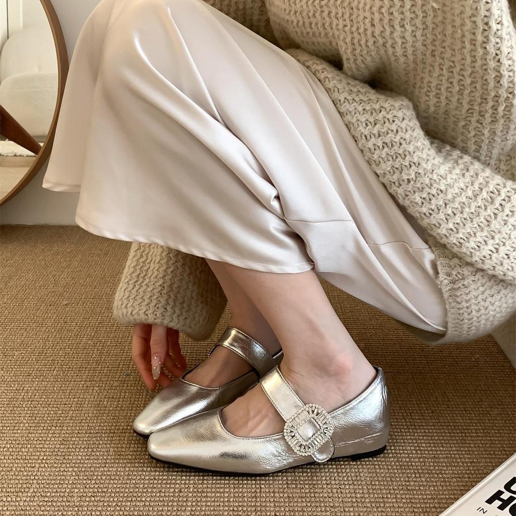 Nei Zeng~ Retro square head rhinestone word with shallow mouth single shoes women's spring and autumn thick-soled soft-soled Mary Jane shoes