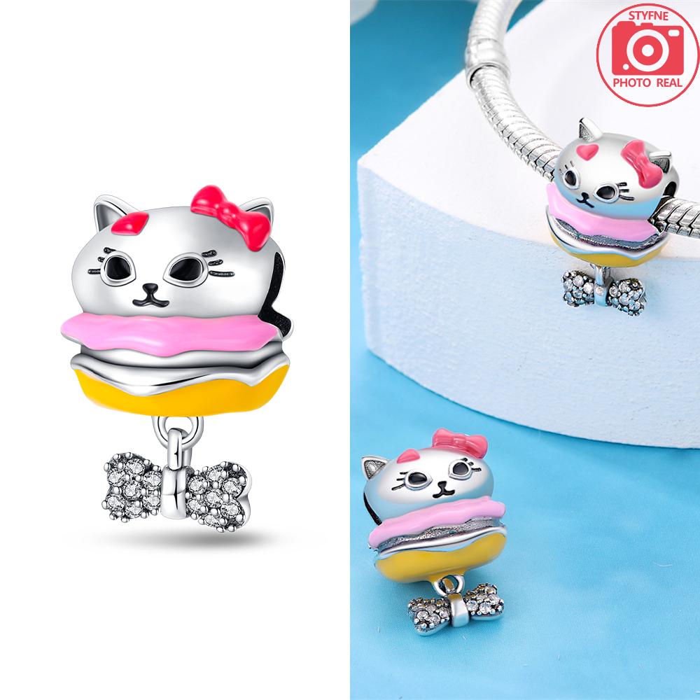 

925 Silver Cat Charms Shiny Zircon Heart-shaped Cute Cat Claw Beads Pendant Fit Bracelet Woman DIY Jewelry Gifts Making