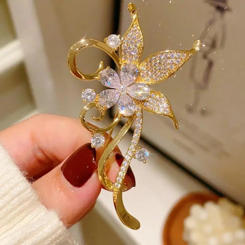 Fashion Rhinestone Bauhinia Flower Brooches For Women Clothing Coat Jewelry Accessories Gifts
