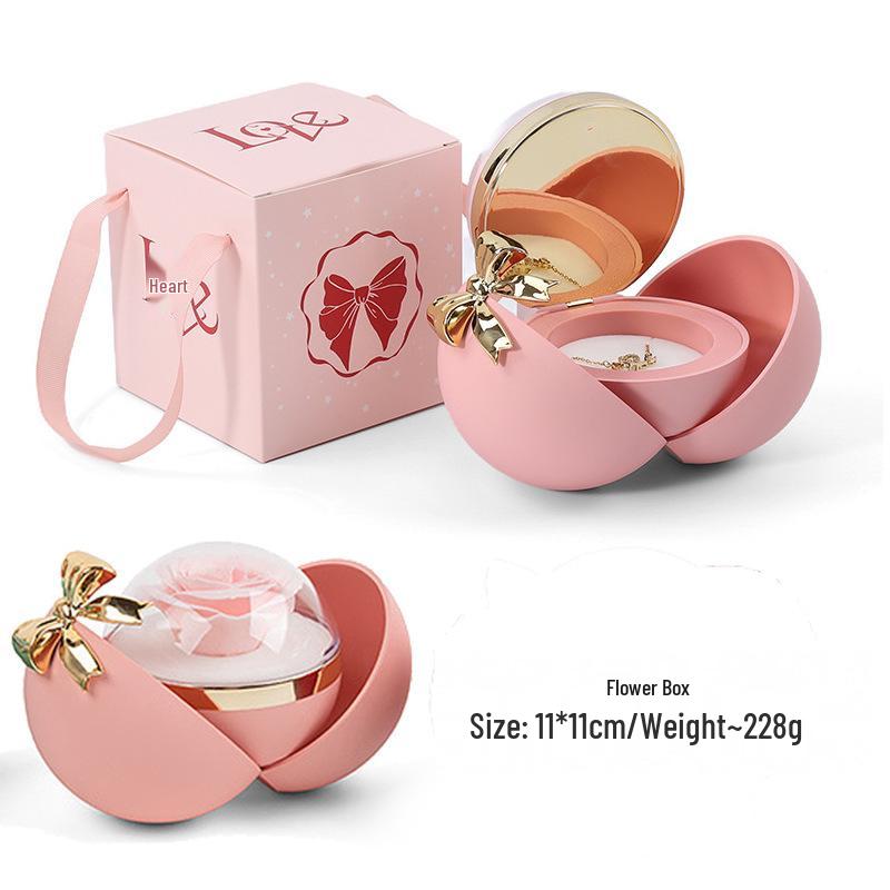 Romantic Bow Rose Jewelry Gift Box: Preserved Flower Necklace & Ring for Valentine's and Mother's Day