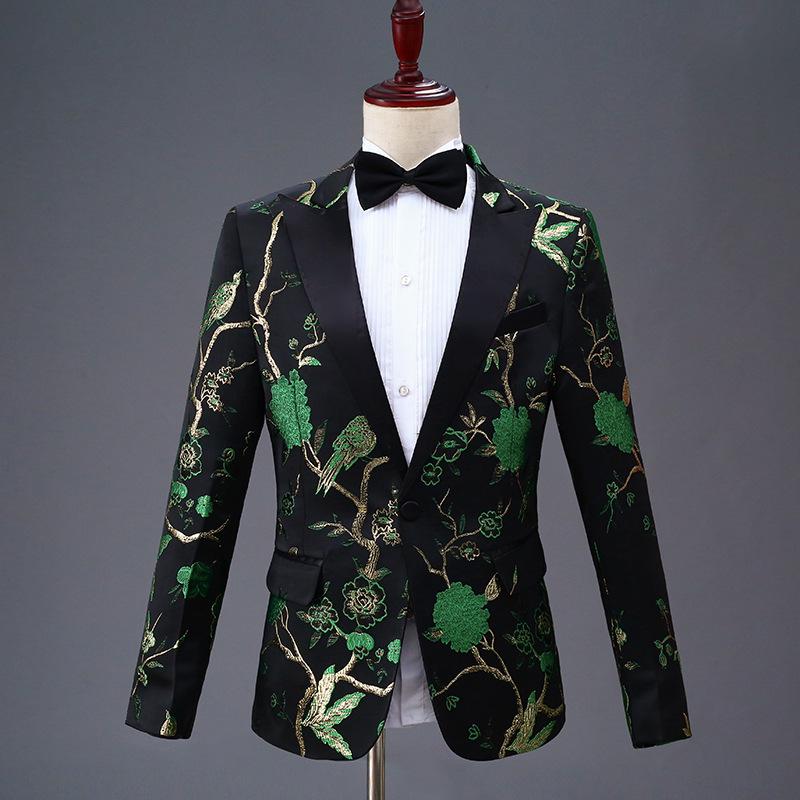 Men's Black Embroidered Single-Breasted Suit for Stage and Hosting