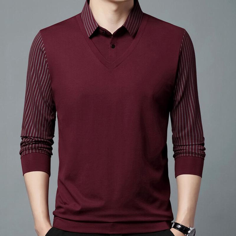 Frühling und Herbst Neues Fake-Zweiteiler Herren T-Shirt Mittelalterlich Lässig Papa Poloshirt Dünnes Revers Gestreiftes Unterteil