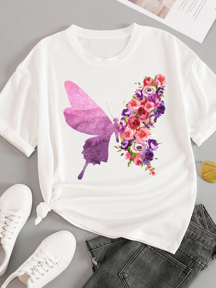 (Asian Size) sweet flower feather Short Sleeve T-shirts Women's Top T Female Print  Fashion O-neck Casual Clothing  Graphic Tee