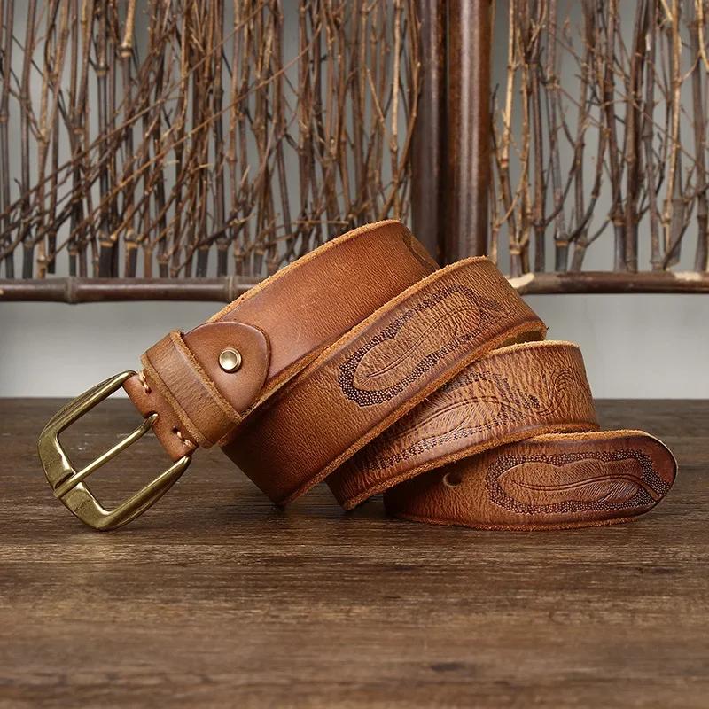 3.8CM Thick Cowhide Copper Buckle Genuine Leather Casual Jeans Cowboy Belt Men High Quality Retro Luxury Designer Male Strap