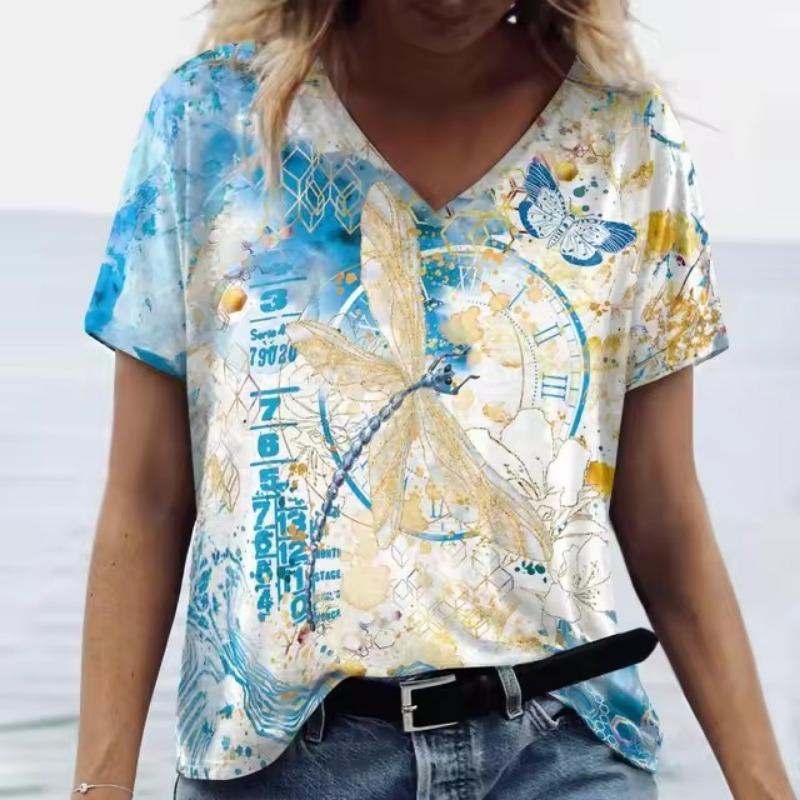 Tricou de damă cu imprimeu 3D, cu litere, cu mânecă scurtă, zilnic, de sfârşit de săptămână, tricou de bază pentru fete, cu decolteu în V, îmbrăcăminte pentru femei, topuri de vară supradimensionate