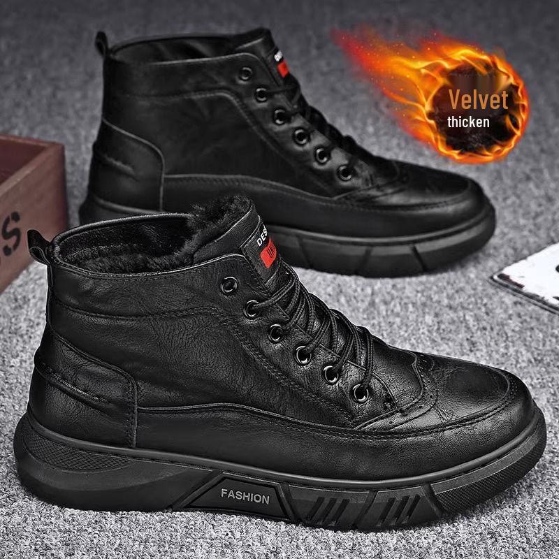 

Мужские высокие зимние ботинки из черной кожи с бархатной подкладкой - Теплые, Универсальные, Модные, Повседневные в стиле Мартин. 38