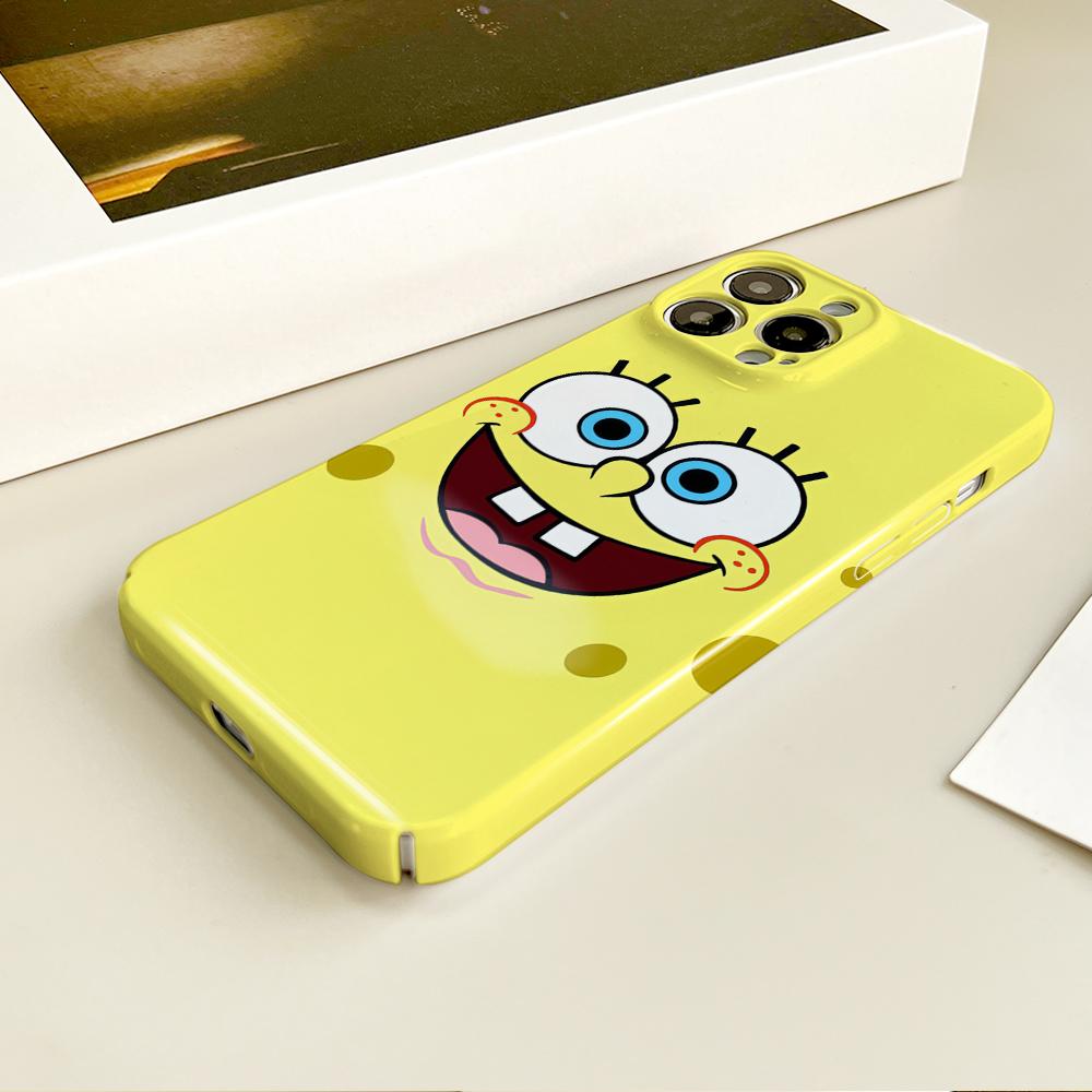 

MINISO cartoon funny FACE S-SpongeBob Phone Case For IPhone 16 15 14 13 12 11 Plus Pro Max Mini Glossy HD Hard Cover Film Shell For iPhone 11