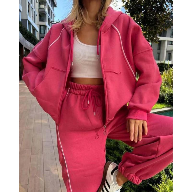 Womens Fall Casual Striped Hooded Cardigan Tracksuit Pants Set Sportswear