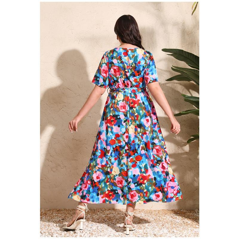 Summer Women Dress Short Sleeve High Waist V-Neck Midi Dress Plus Size Sexy Temperament Print Dress