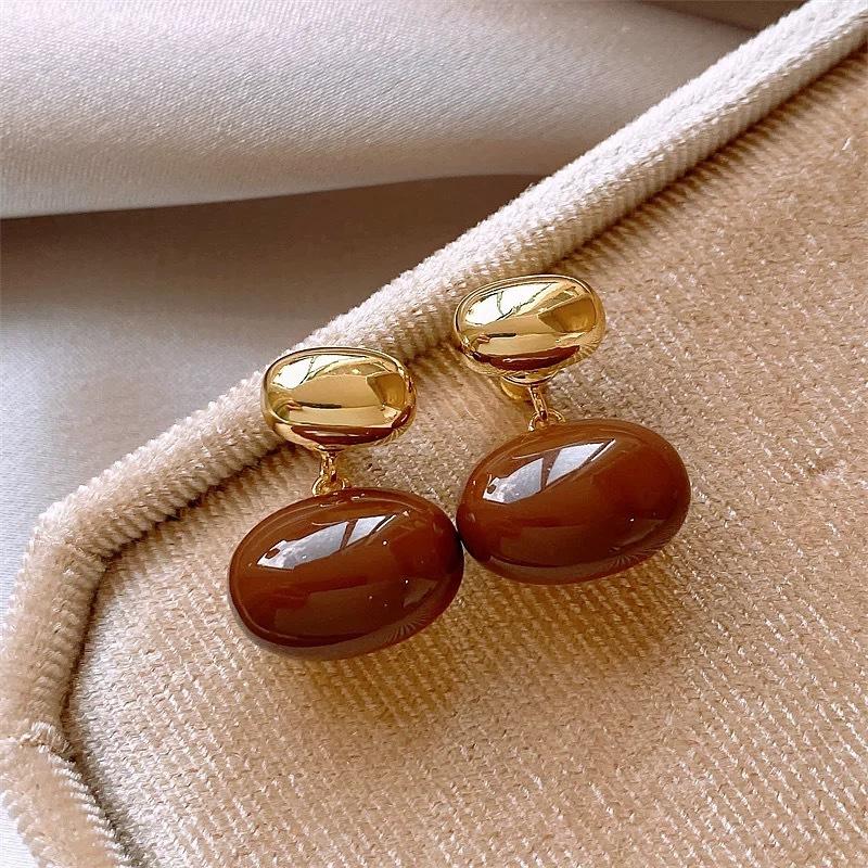 Maillard Coffee Color Amber Earrings Women's Autumn and Winter High-end Commuter Style Earrings Light Luxury Niche Design Earrings