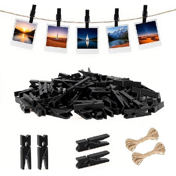 jijAcraft Mini Clothesp with String - 100Pcs Small Wooden Clothes P, Natural Brown Photo Hanging Clips, Craft Clips for Picture, Cocktails Decor,