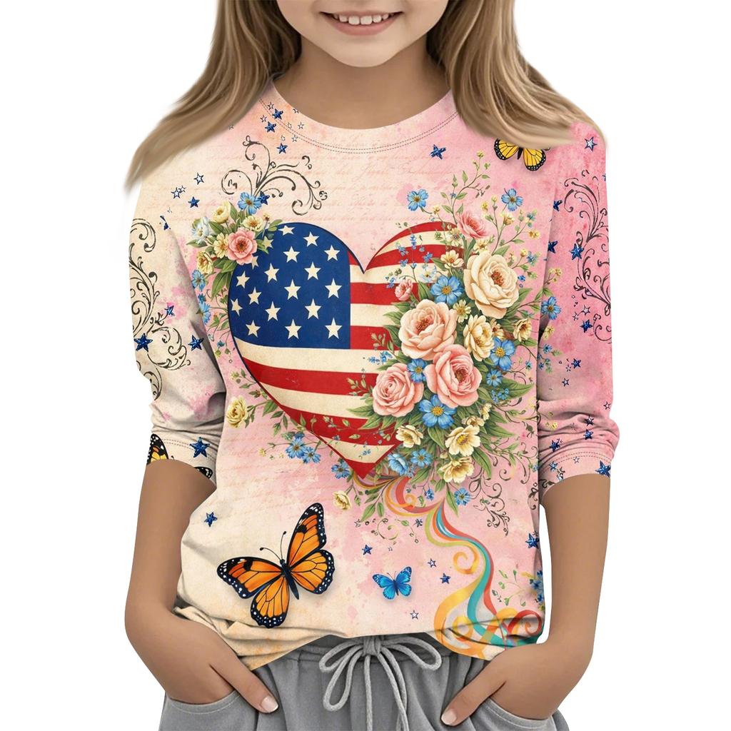 Children's Independence Day Printed Round Neck Seven Quarter Sleeve Casual T-shirt