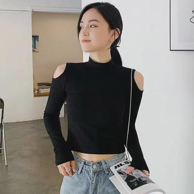 Dames Zwarte Off-Shoulder Lange Mouw Crop Tops - Herfst/Winter Hoge Kraag Katoen Mode T-Shirts