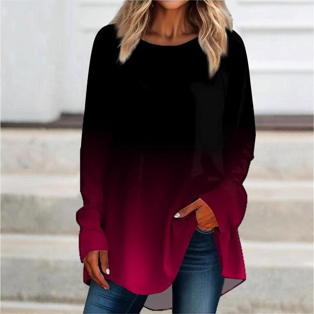 Ladies Spring Autumn Long Sleeve O Neck Loose Gradually Changing Color Pullover T Shirt Top