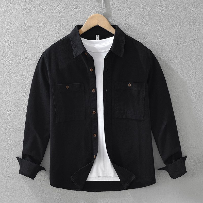 Japanese-Style Workwear Long-Sleeve Shirt for Men, Casual Loose Hong Kong Fashion Brand Thick Top Jacket, Pure Cotton Heavy Wash