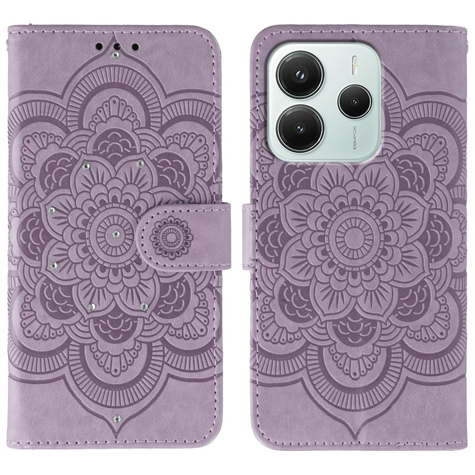 

For Xiaomi Redmi Note 14 5G/Poco M7 Pro 5G Case Rhinestone Decor PU Leather Mandala Imprinted Design Phone Cover with Wrist Strap Purple