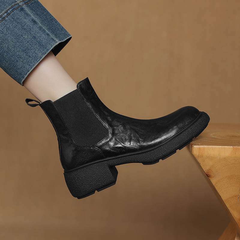 Krazing Pot Sheepskin Pleated Decoration Autumn Winter Shoes Chunky Heels Size 43 Size 42 Round Toe Slip on Retro Fashion Ankle Boots
