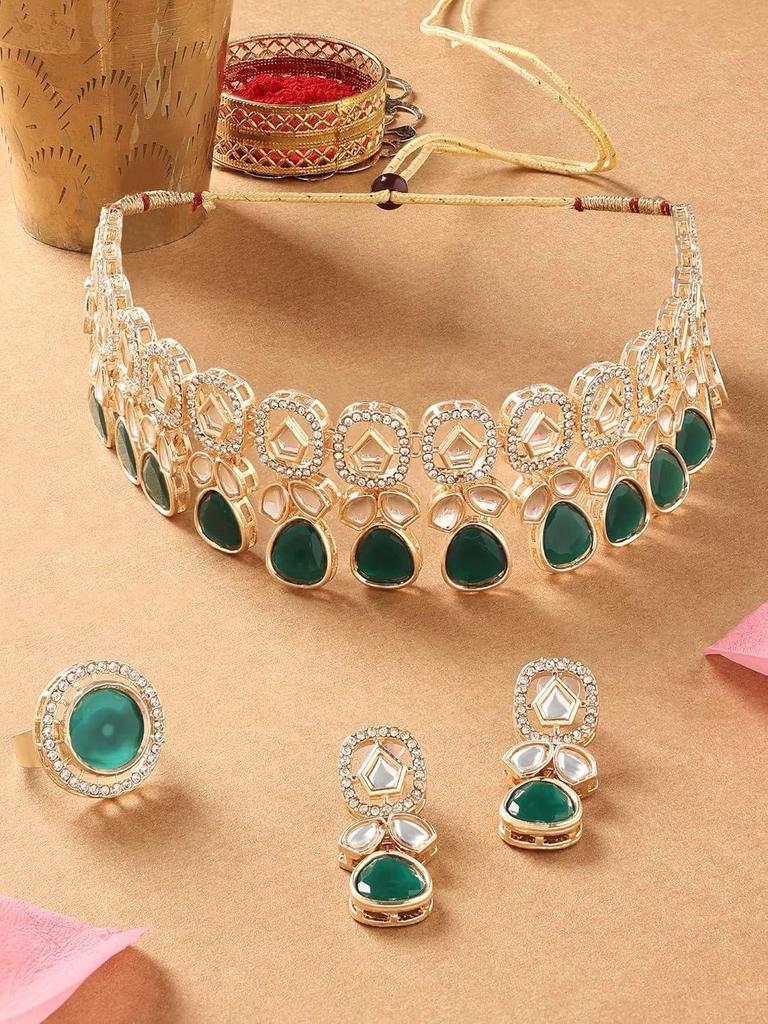 Green Kundan Stones & Austrian Diamonds Necklace Earring & Ring Set For Women