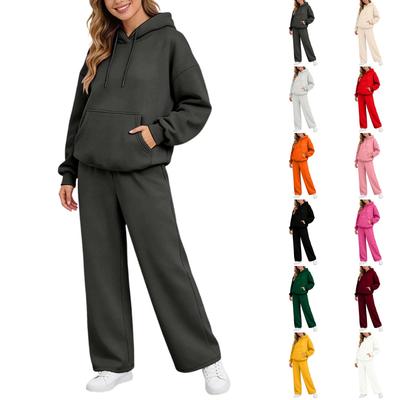 Set casual pentru femei din două piese cu hanorac cu glugă și șnur, cu umeri căzuți și pantaloni cu picior larg, pentru toamnă și iarnă