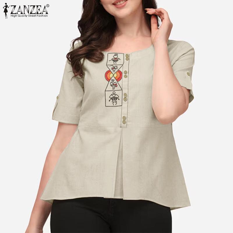 ZANZEA Women Casual Round Neck Summer Short Sleeve Print Blouse