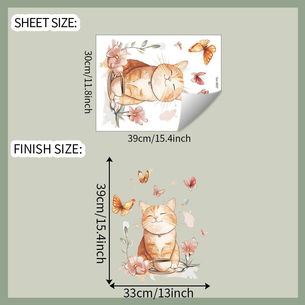 

Chubby Orange Cat with Butterfly Wall Sticker Cozy Kitchen Dining Room Self-Adhesive Decor for Home Background Wall Art 30x39cm