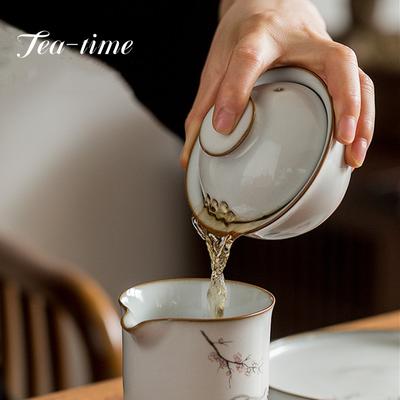 Retro Ru Kiln Ceramic Gaiwan Cute Cat Pattern Filter Teacup Travel Portable Tea Bowl Chinese Handmade Home Tea Set 100ml