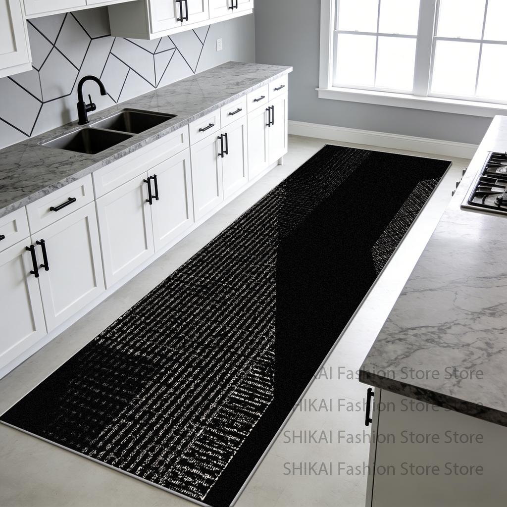 Black White Geometry Easy Clean Kitchen Long Carpet Decoration Bedside Antiskid Soft Rug Foldable Lint-free Doorway Floor Mats